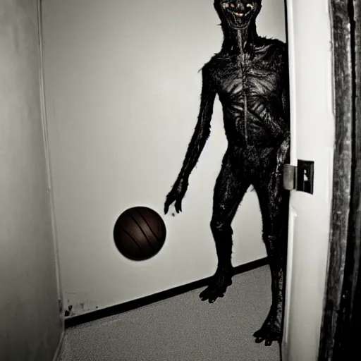 Prompt: grainy photo of a basketball as a creepy monster in a closet, harsh flash