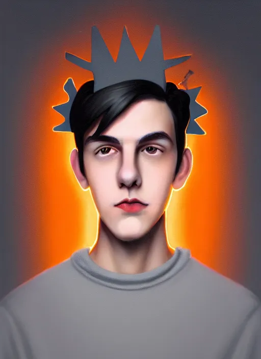 Image similar to portrait of teenage jughead jones wearing a light grey crown, symmetrical crown, sweater with picture of hamburger, eyes closed, crown, black hair, orange, intricate, elegant, glowing lights, warm lighting, highly detailed, digital painting, artstation, concept art, smooth, sharp focus, illustration, art by wlop, mars ravelo and greg rutkowski