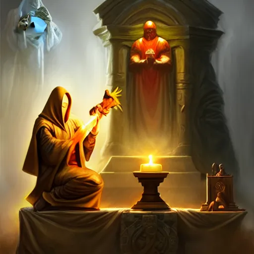 Image similar to a hooded cultist is stabbing a banana placed on an altar, in front of a stone statue of a forgotten god, by patrick mcenvoy and michael komarck and fantasy flight, incredible quality, trending on artstation