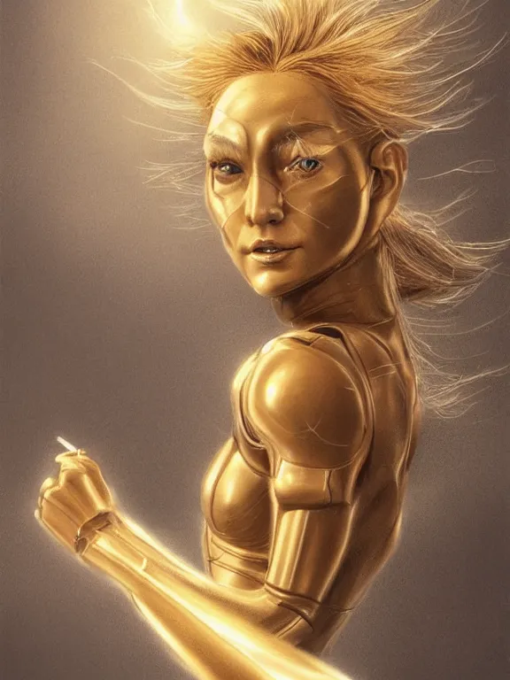 Image similar to golden pencil drawing of beautiful robot - cat woman face, goddess, beautiful blonde hair flying in the wind, hyper realistic face, in the style of greg rutkowski, beksinski, fantasy, amazing detail, epic, elegant, smooth, sharp focus, from the front, octan render