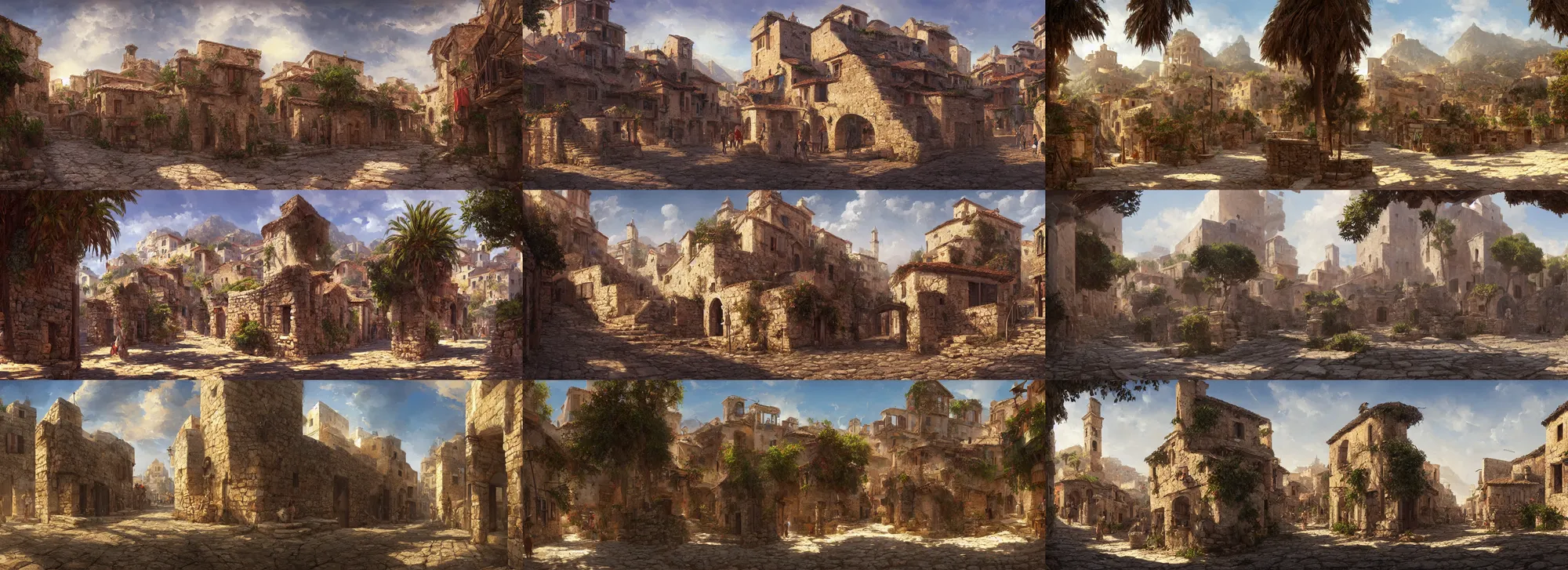 Prompt: ancient mediterranean village, panoramic street view, digital painting, artstation, concept art, sharp focus, illustration, art by aleksi briclot and greg rutkowski and raphael lacoste