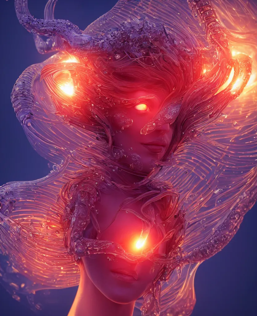 Image similar to close-up macro portrait of the face of a beautiful princess, epic angle and pose, symmetrical artwork, 3d with depth of field, blurred background, cybernetic jellyfish female face skull phoenix bird, translucent, nautilus, energy flows of water and fire. a highly detailed epic cinematic concept art CG render. made in Maya, Blender and Photoshop, octane render, excellent composition, cinematic dystopian brutalist atmosphere, dynamic dramatic cinematic lighting, aesthetic, very inspirational, arthouse. y Greg Rutkowski, Ilya Kuvshinov, WLOP, Stanley Artgerm Lau, Ruan Jia and Fenghua Zhong