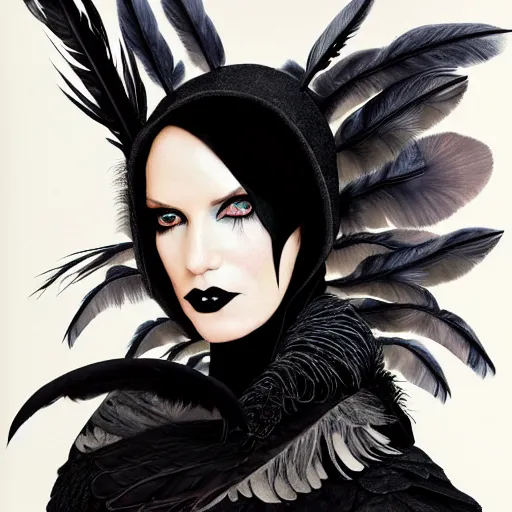 Prompt: portrait soft light, goth woman as mysterious supervillain in black hooded cloak and modestly clothed victorian goth, black feathers instead of hair, black wings instead of arms, gray mottled skin, black feathers growing out of skin, transforming, by frank mccarthy and conrad roset, inspired by flash gordon, paintbrush, rough paper, fine,