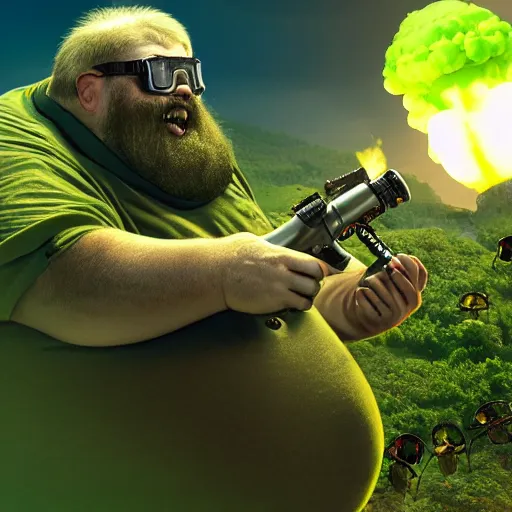 Image similar to highly detailed octane render of a short ugly fat man with a giant beard, holding a grenade launcher and wearing armour, goggles and a safety hat whilst laughing at a green mushroom cloud surrounded by dead insects in a cave