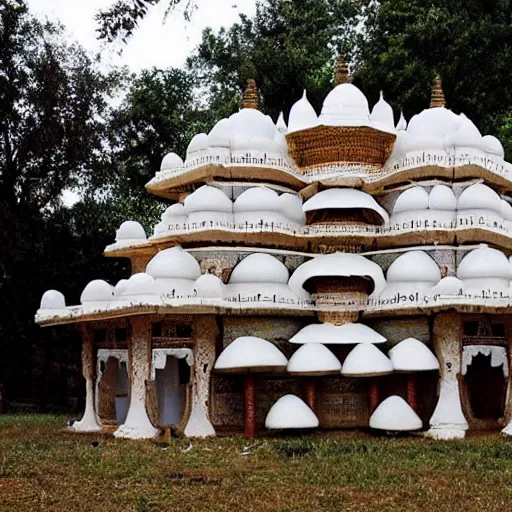 Prompt: an ancient white fantasy indian temple made of mushroom