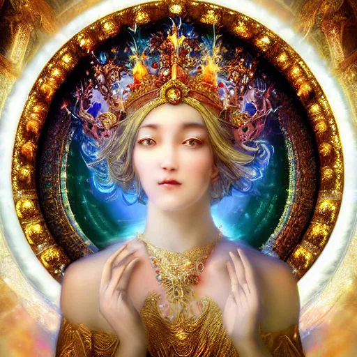 Image similar to highly detailed digital painting of a beautiful goddess of hope! by wlop, bright light emerging from her eyes, wearing a crown, sculpted in white opalescent marble, with lots of thin ornaments, curves and chaotic fractal art inlays, intricate, 8 k, golden aura, cinematic light, background atmospheric effects, sparkles, light rays, mixed with mucha style