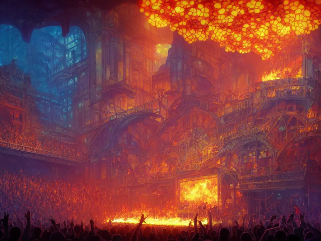 Image similar to a brightly lit stage centered and on fire, high contrast, stage lighting, pyrotechnics, ghibli animated film, volumetric lighting, octane render by stanley artgerm lau, greg rutkowski, thomas kindkade, alphonse mucha, loish, norman rockwel,