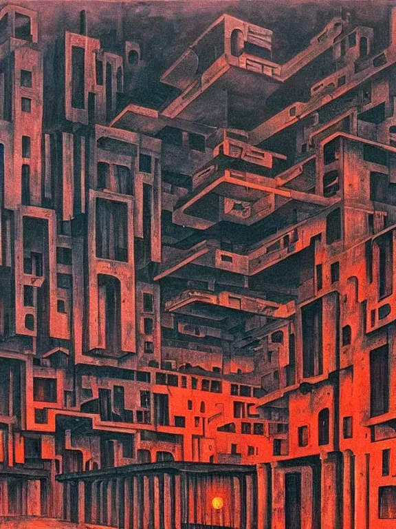 Prompt: painting by beksinsky, giger, bosch of soviet residential building, brutalism architecture, red lights are on windows, demons in adidas, hellish, dark night, hell fire, epic, street lamps as bones with orange light, several birches with skulls, veins wired, mega detailed