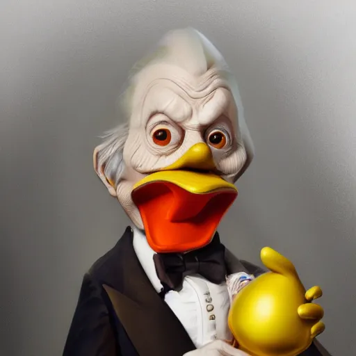Image similar to hyperrealistic mixed media image of Scrooge McDuck duck face, stunning 3d render inspired art by István Sándorfi and Greg Rutkowski, perfect facial symmetry, realistic, highly detailed attributes and atmosphere, dim volumetric cinematic lighting, 8k octane extremely hyper-detailed render, post-processing, masterpiece,