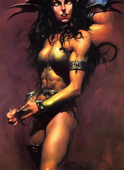 Image similar to portrait of female chaos angel, beautiful! coherent! by frank frazetta, by brom, strong line, deep color, armor, volumetric hair, high contrast