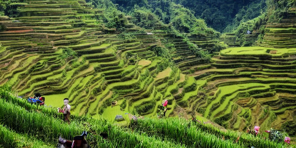 Image similar to a photo of Ifugao rice terraces in the Philippines with futuristic and modern farming equipment and alien structures