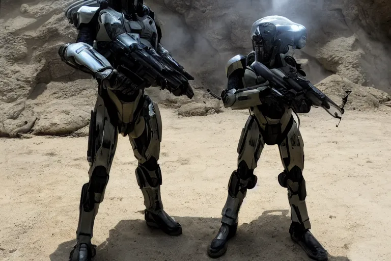 Image similar to vfx movie, sci - fi super soldier in worn military futuristic armor, posing with futuristic rifle in alien technology temple, master chief by emmanuel lubezki