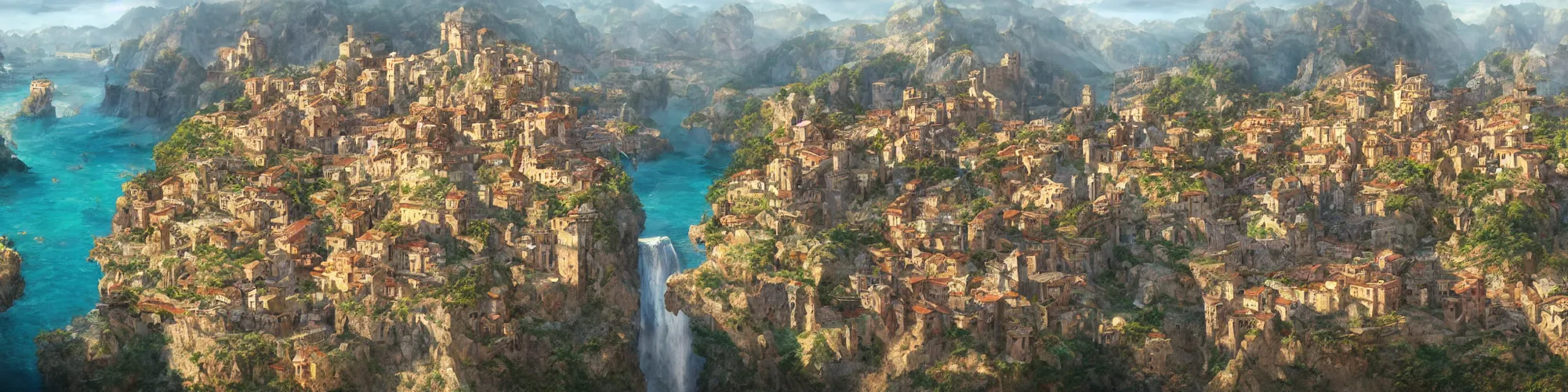 Image similar to Aerial map of a medieval italian city on top of a giant waterfall, D&D, fantasy, brightly colored buildings, highly detailed, digital painting, artstation, smooth, sharp focus, illustration, art by greg rutkowski studio ghibli, cinematic,