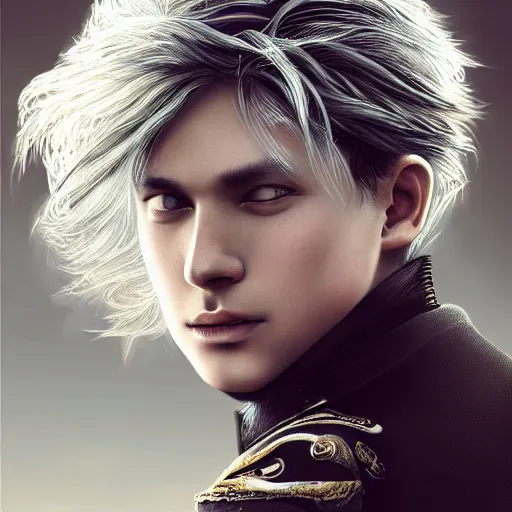 Prompt: a portrait of a young handsome prince with white fringy hair, epic beautiful landscape, elegant, beautiful, backlit, incredible lighting, strong rim light, highly detailed, god rays, digital painting, HDRI, by Heise Jinyao, Heise-Lian Yan Fang, Feimo, Richard Taddei, vivid colors, high contrast, 8k resolution, intricate, photorealistic, smooth