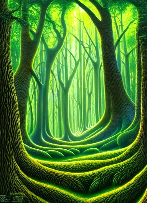 Image similar to lush forest, high detail, 4 k, surrealism style by john alex grey, artstation