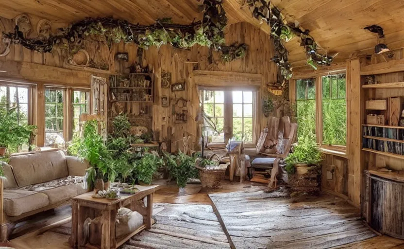 Image similar to cottage living room interior, sunny, natural materials, rustic wood, window sill with plants, vines on the walls, dried herbs under the ceiling, the witch cauldron on the tigel, bookshelves, design