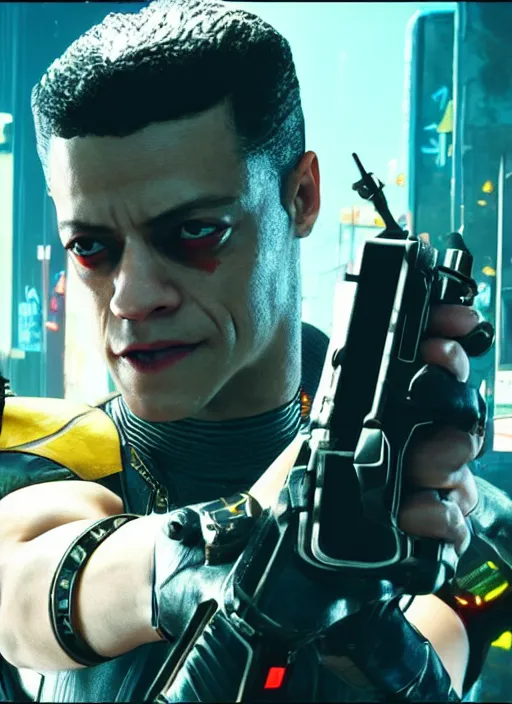 Image similar to film still of Rami Malek as Johnny Silverhand in Cyberpunk 2077, gameplay, 8k, HD