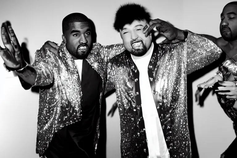 Prompt: the ghost of liberace dances with kanye west in his living room