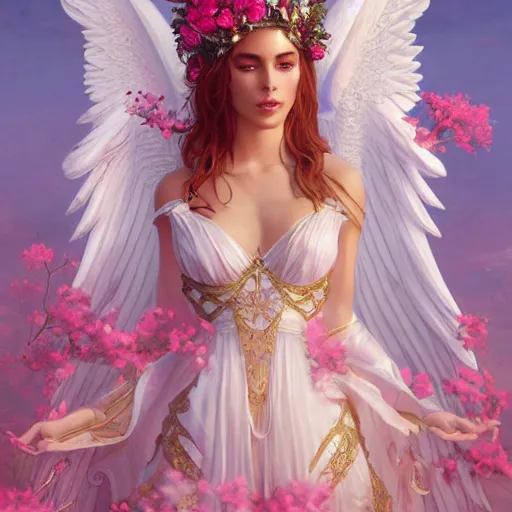 Image similar to expressive full body photo of sophia lauren as beautiful angel, smooth glowing skin, ornate headpiece made from pink flowers, glamour shot, by karol bak, by greg rutkowski, by artgerm, octane render, unreal engine, photorealistic, canon r 3, fashion photography