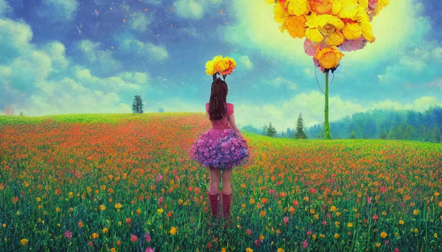 Prompt: girl with a giant flower head, surreal photography, dream, standing in flower field, hills, big trees, sunrise dramatic light, impressionist painting, colorful clouds, digital painting, pointillism, artstation, simon stalenhag, flower face