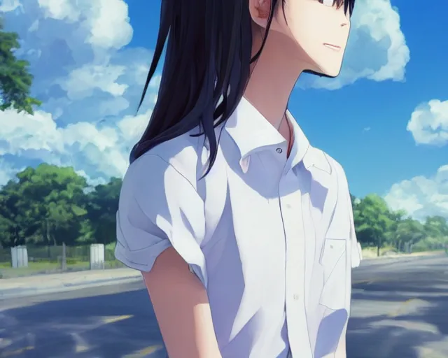 Image similar to teen looking at blue sky, wearing white shirt, cool pose, sharp details, sharp focus, detailed face, illustration, by pine ( ハイネ ) and 薯 子 imoko and 香 川 悠 作 and wlop and maya takamura, highly detailed, trending artstation, pixiv, digital art