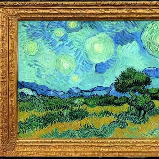 Image similar to painting of a lush natural scene on an alien planet by vincent van gogh. beautiful landscape. weird vegetation. cliffs and water.