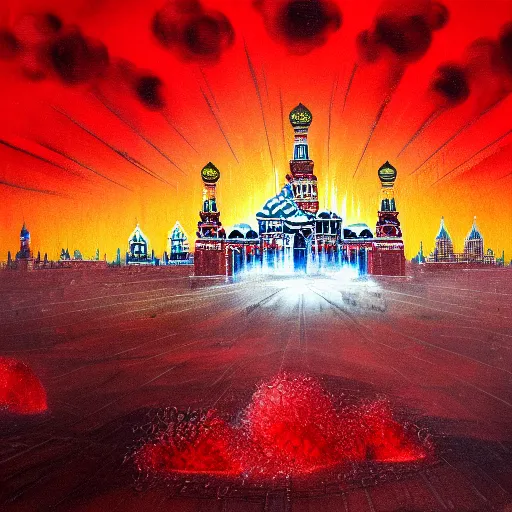 Prompt: huge nuclear explosion, red square moscow, nuclear explosion wave, photorealistic, detailed, masterpiece