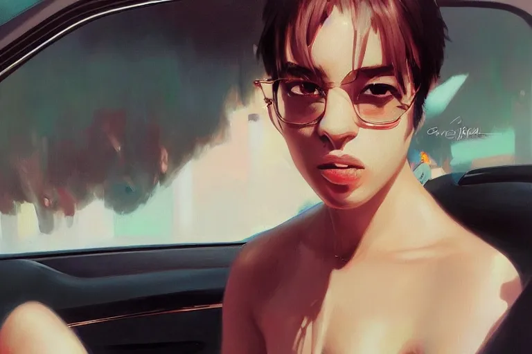 Image similar to A ultra detailed beautiful portrait panting of a stylish pepe sitting in the backseat of a car, Oil painting, by Ilya Kuvshinov, Greg Rutkowski and Makoto Shinkai