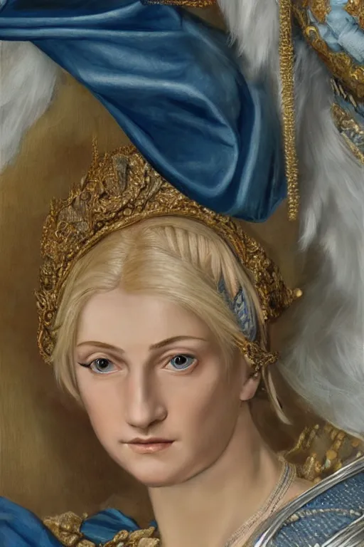 Image similar to hyper - realistic close - up mythological portrait of a medieval blonde with a huge amount of color in the сaravaggisti style, pale skin, in a silver silk robe, blue palette