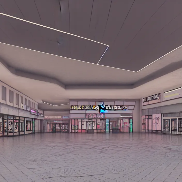 Image similar to vaporwave 7 0 s dreamy empty empty shopping mall, highly detailed, 3 d render, vray, octane, realistic lighting, photorealistic