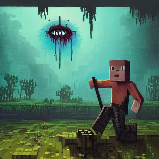 Image similar to painting by greg rutkowski of a minecraft drowned zombie with glowing cyan eyes, wearing ragged clothing and and algae growing on it, holding a trident, underwater