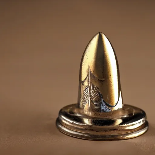 Image similar to a large bullet with a peace sign engraved on it, photography, 8 k, highly detailed