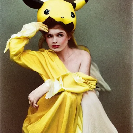 Image similar to elegant woman dressed up as pikachu, art photo by Annie Liebovitz and Alphonse Mucha