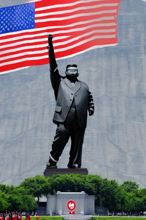 Prompt: a gigantic statue of kim jong un standing instead of state of liberty, excited americans, symmetry, awesome exposition, very detailed, highly accurate, 8 k