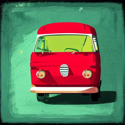 Prompt: retro painting illustration of a volswagen van, 2 d, pastel color, green, yellow, red, retro style art, trendy on artstation