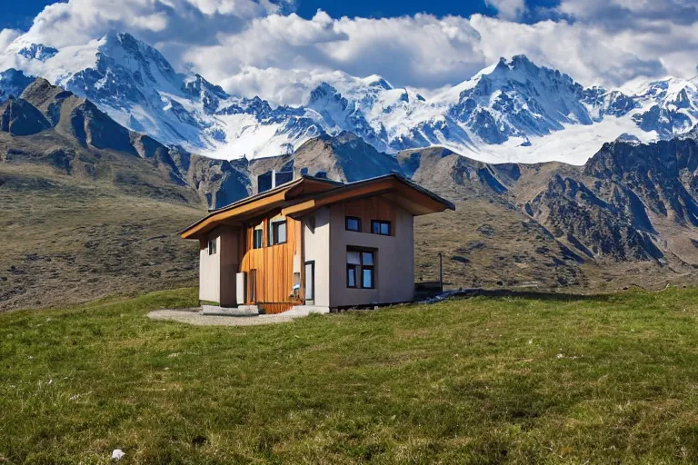 Image similar to architecture photo modern fachwerk house cottage settlement with Elbrus mountain on the background, architecture, photorealism 8k , high details