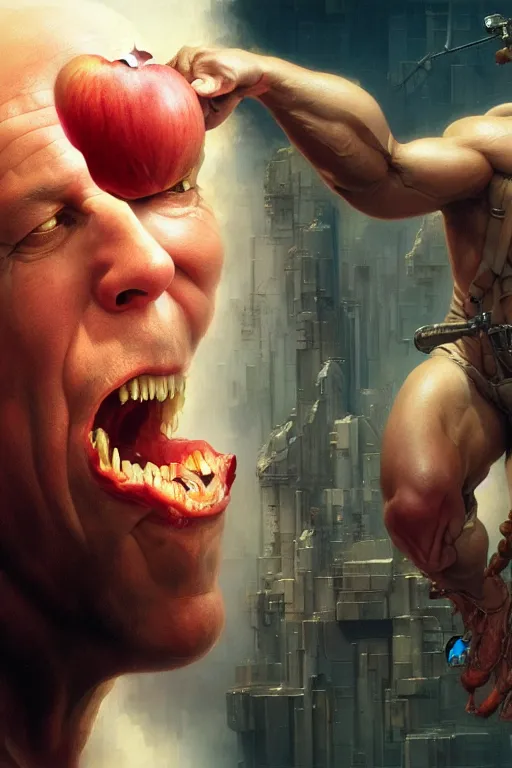 Prompt: bruce willis with skin of an apple, hyper detailed, digital art, artstation, cinematic lighting, studio quality, smooth render, by peter mohrbacher, hajime sorayama, wayne barlowe, boris vallejo, aaron horkey, gaston bussiere, craig mullins