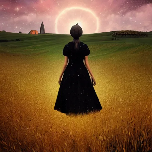 Prompt: giant black daisy flower over head, girl walking in wheat field, hills, surreal photography, dark night, star trails, dramatic light, impressionist painting, clouds, digital painting, artstation, simon stalenhag