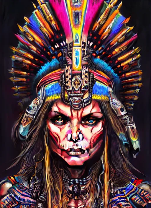 Image similar to portrait of michelle pfeiffer, hyper detailed ultra sharp aztec shaman warrior. trending on artstation, warpaint aesthetic, bloodwave, colorful, psychedelic, ornate, intricate, digital painting, concept art, smooth, sharp focus, illustration, art by artgerm and greg rutkowski and h. r. giger, 8 k