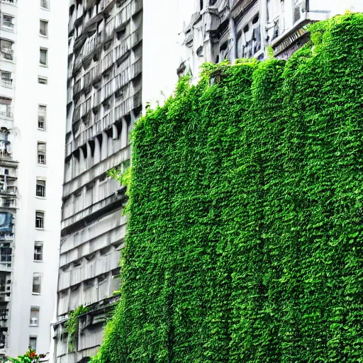 Image similar to hyperrealistic green foliage covering old buildings in some random city