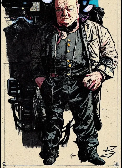 Image similar to winston churchill. cyberpunk mercenary in tactical harness and jumpsuit. portrait by stonehouse and mœbius and will eisner and gil elvgren and pixar. realistic proportions. dystopian. cyberpunk 2 0 7 7, apex, blade runner 2 0 4 9 concept art. cel shading. attractive face. thick lines.