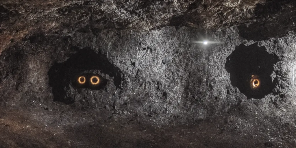 Prompt: photograph of a dark cave with reflective eyes looking back at the viewer
