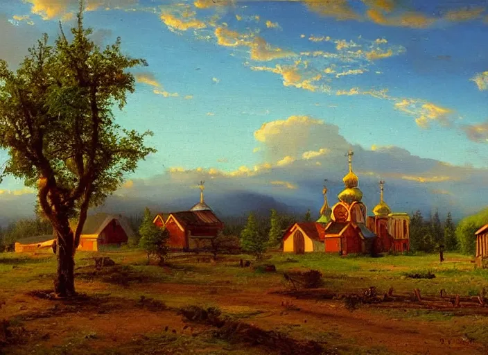 Image similar to the small wooden villages of siberia with an orthodox church, russia in the style of hudson river school of art, oil on canvas