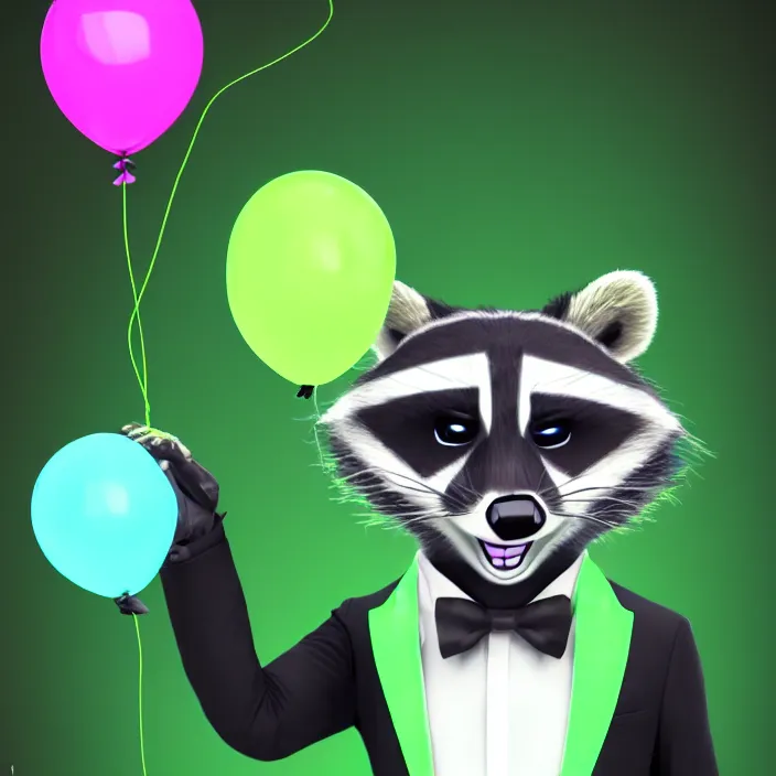 Image similar to an anthropomorphic neon green male raccoon fursona with a black tie holding a blue balloon by its string, photo, furry art, cute, 8 k