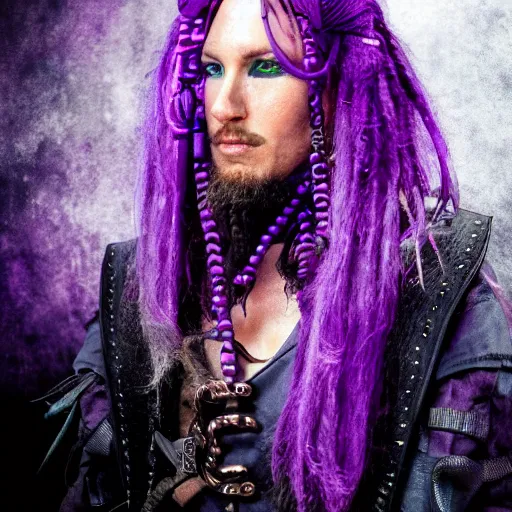 Prompt: a portrait photo of a futuristic sci - fi pirate, purple themed