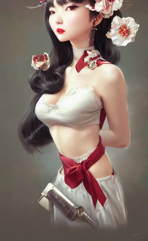 Image similar to a pin up and beautiful fashion charming dreamlke korea girl with lv jewelry, character art, art by artgerm lau and kyoung hwan kim and and ilya kuvshinov and john singer sargent, hyperdetailed, 8 k realistic, symmetrical, frostbite 3 engine, cryengine, dof, trending on artstation, digital art