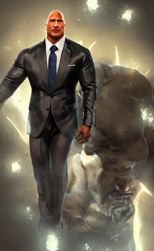 Image similar to dwayne johnson wearing a suit as the president of the united states, dynamic lighting, photorealistic fantasy concept art, trending on art station, stunning visuals, creative, cinematic, ultra detailed