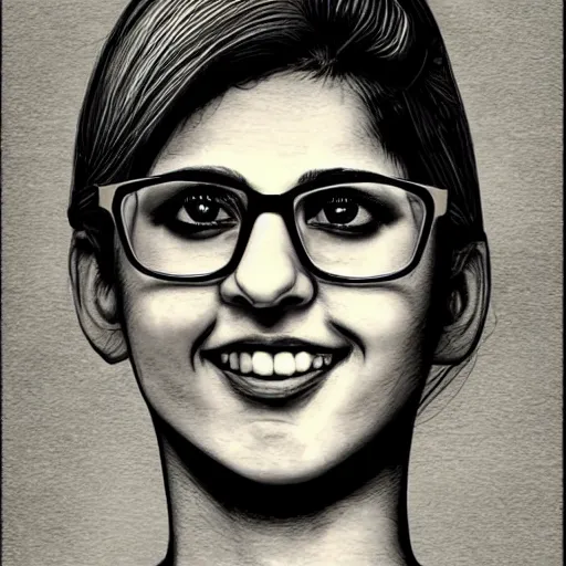 Prompt: a nerdy young woman from hyderabad with big glasses, head and shoulders character portrait, ink, highly detailed illustration by tim bradstreet