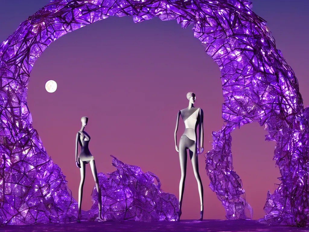 Image similar to beautiful mannequin sculpted out of amethyst by billelis + lit with 3 d geometric neon + facing a doorway opening with neon pink geometric fractal light + flowering hosta plants!!!, moon + city of los angeles in background!! dramatic, rule of thirds, award winning, 4 k, trending on artstation, photorealistic, volumetric lighting, octane render