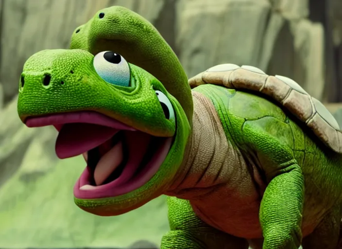 Image similar to film still of yoshi in the new sci - fi movie, cute upright dinosaur with a small turtle shell and long tongue, 8 k